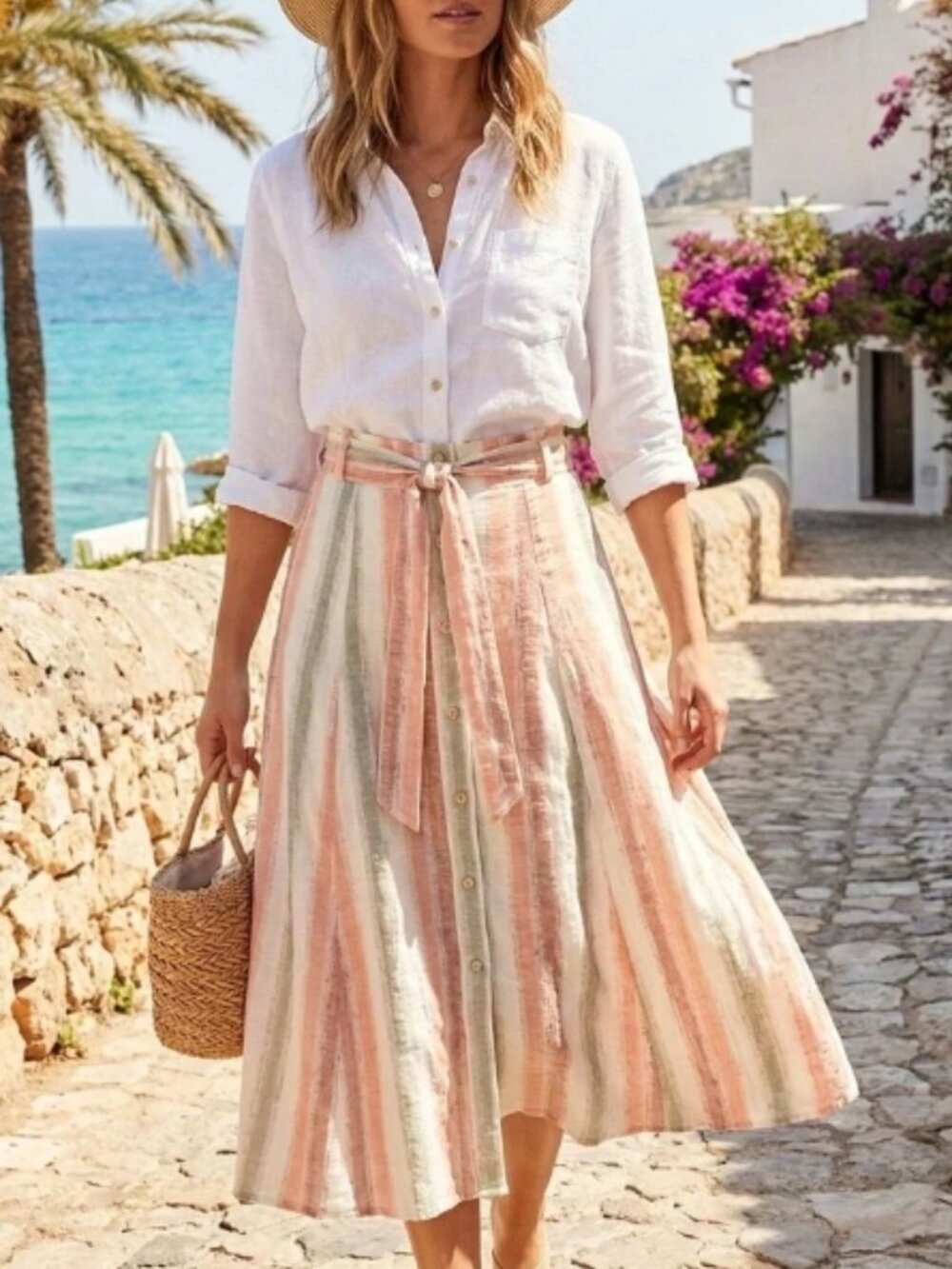 Anthropologie Tregene 100% linen striped skirt size Small